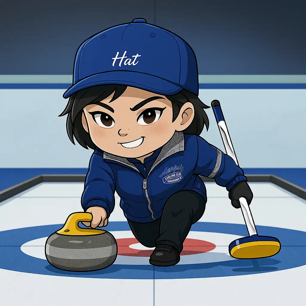 A cartoon drawing of a woman curling in a blue jacket with a blue hat that says "Hat" in script